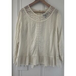 Boho Cottagecore Embroidered Blouse Womens M Cream Lace Ruffle Peasant Top